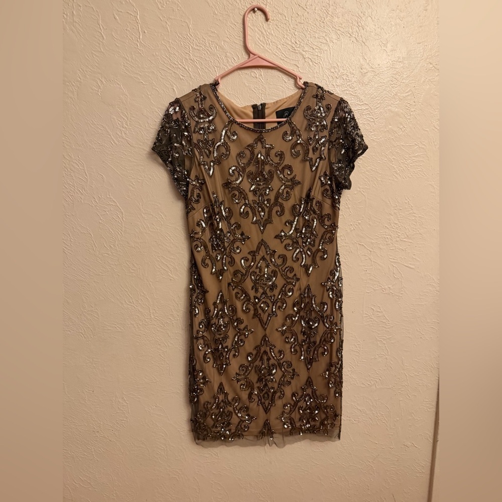 Adrianna Papell Black and Tan Sequin Mini Dress
